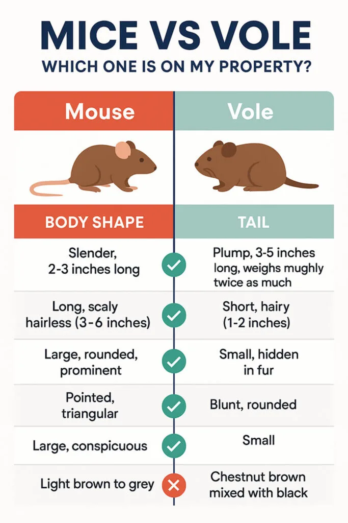An identification chart titled 'Mice Vs Vole, which one is on my property?' comparing physical features like body shape, tail, ears, snout, eyes, and fur color to help distinguish between a mouse and a vole.